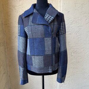 BCBGMAXAZRIA Blue Gray Patchwork Moto Jacket XS Wool Blend Y2K